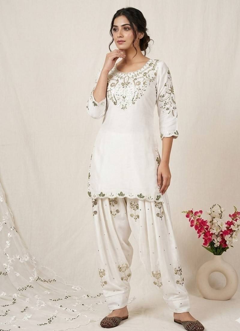 Off-white embroidery satin fully stitched farshi salwar suit set