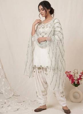 Off-white embroidery satin fully stitched farshi salwar suit set 2