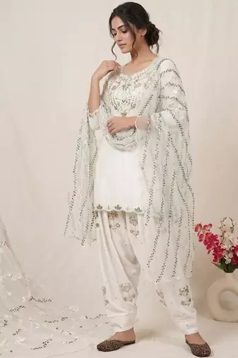 Off-white embroidery satin fully stitched farshi salwar suit set