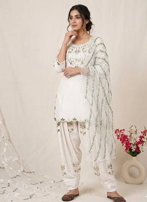 Off-white embroidery satin fully stitched farshi salwar suit set 3