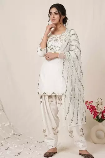 Off-white embroidery satin fully stitched farshi salwar suit set