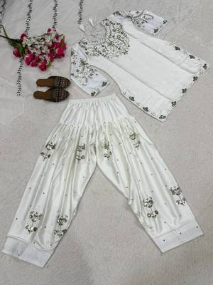 Off-white embroidery satin fully stitched farshi salwar suit set 4