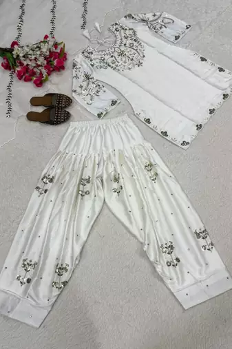 Off-white embroidery satin fully stitched farshi salwar suit set