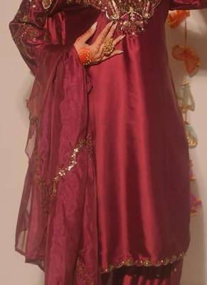 Maroon embroidery satin fully stitched farshi salwar suit set 1