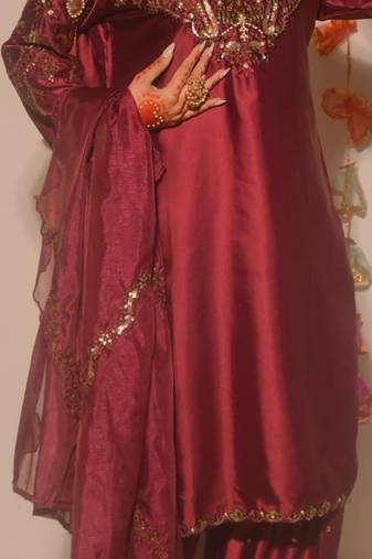 Maroon embroidery satin fully stitched farshi salwar suit set