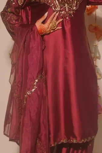 Maroon embroidery satin fully stitched farshi salwar suit set