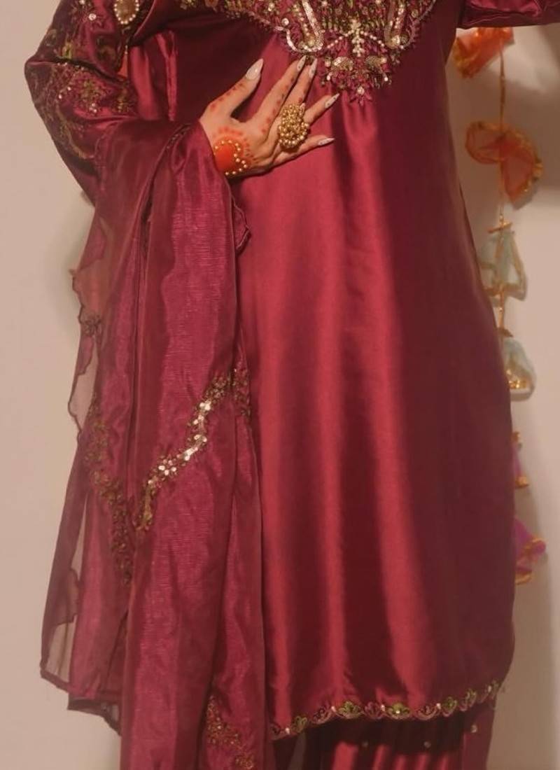 Maroon embroidery satin fully stitched farshi salwar suit set
