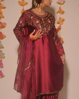 Maroon embroidery satin fully stitched farshi salwar suit set 2