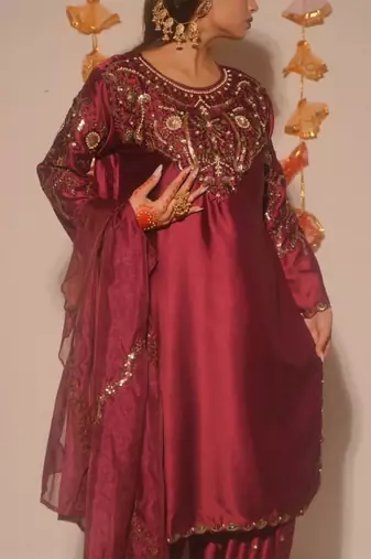 Maroon embroidery satin fully stitched farshi salwar suit set