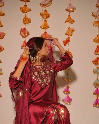 Maroon embroidery satin fully stitched farshi salwar suit set 3