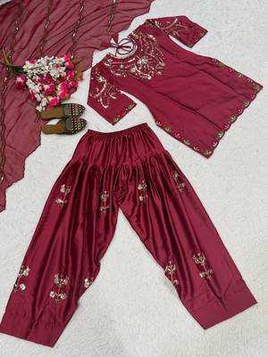 Maroon embroidery satin fully stitched farshi salwar suit set 4