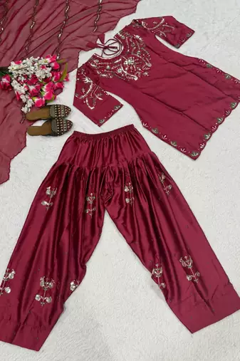 Maroon embroidery satin fully stitched farshi salwar suit set