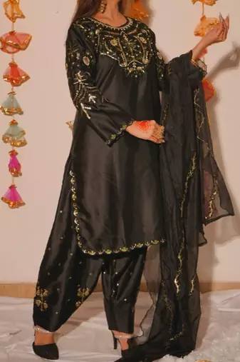Black embroidery satin fully stitched farshi salwar suit set