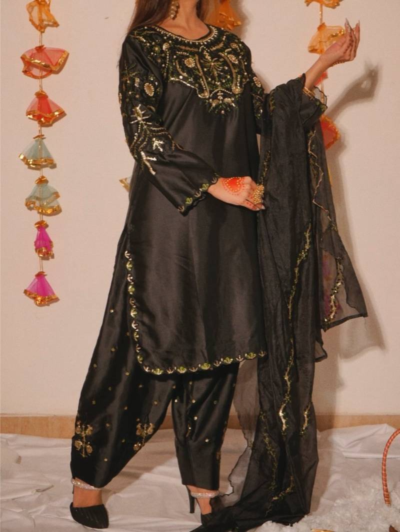 Black embroidery satin fully stitched farshi salwar suit set