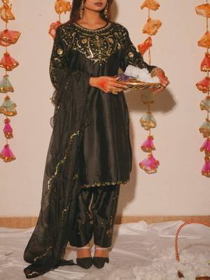 Black embroidery satin fully stitched farshi salwar suit set 3