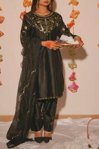 Black embroidery satin fully stitched farshi salwar suit set