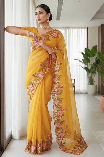 Yellow Color  Floral Embroidery And multi color thread work Silk Saree