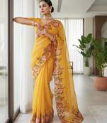 Yellow Color  Floral Embroidery And multi color thread work Silk Saree
