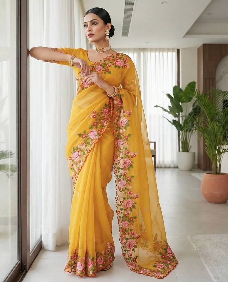 Yellow Color  Floral Embroidery And multi color thread work Silk Saree