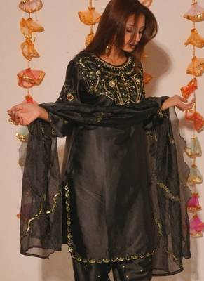 Black embroidery satin fully stitched farshi salwar suit set 1