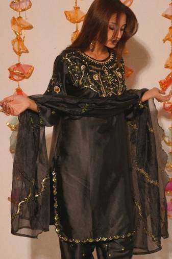Black embroidery satin fully stitched farshi salwar suit set