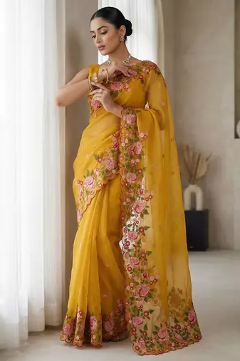 Yellow Color  Floral Embroidery And multi color thread work art silk saree