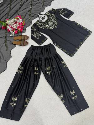 Black embroidery satin fully stitched farshi salwar suit set 4