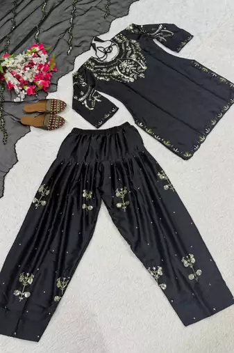 Black embroidery satin fully stitched farshi salwar suit set