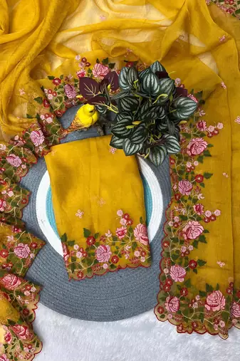 Yellow Color  Floral Embroidery And multi color thread work art silk saree