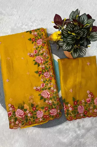Yellow Color  Floral Embroidery And multi color thread work art silk saree