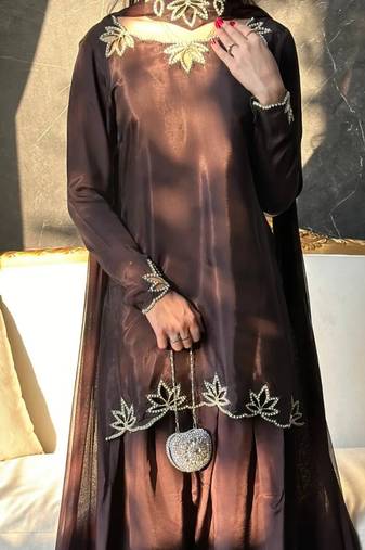 Coffee embroidery crep fully stitched farshi salwar suit set