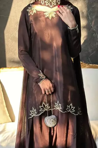 Coffee embroidery crep fully stitched farshi salwar suit set