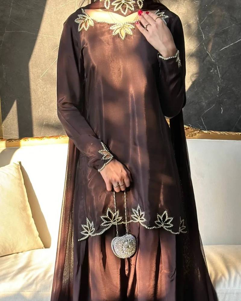 Coffee embroidery crep fully stitched farshi salwar suit set