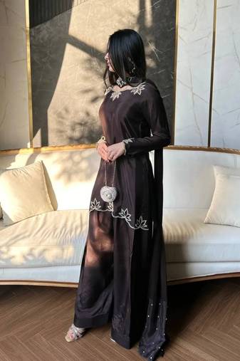Coffee embroidery crep fully stitched farshi salwar suit set