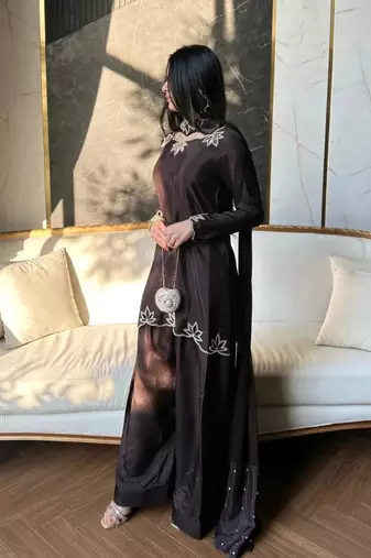 Coffee embroidery crep fully stitched farshi salwar suit set