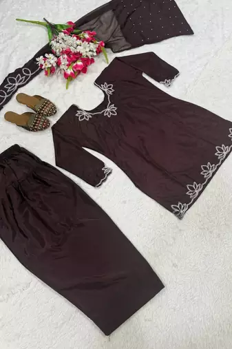 Coffee embroidery crep fully stitched farshi salwar suit set