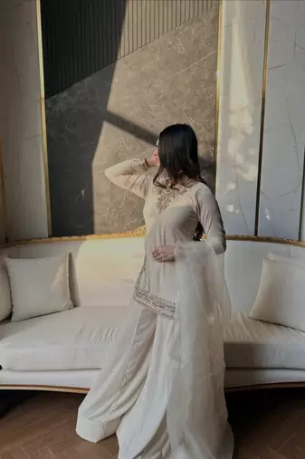 Off-white embroidery satin fully stitched sarara plazo suit set