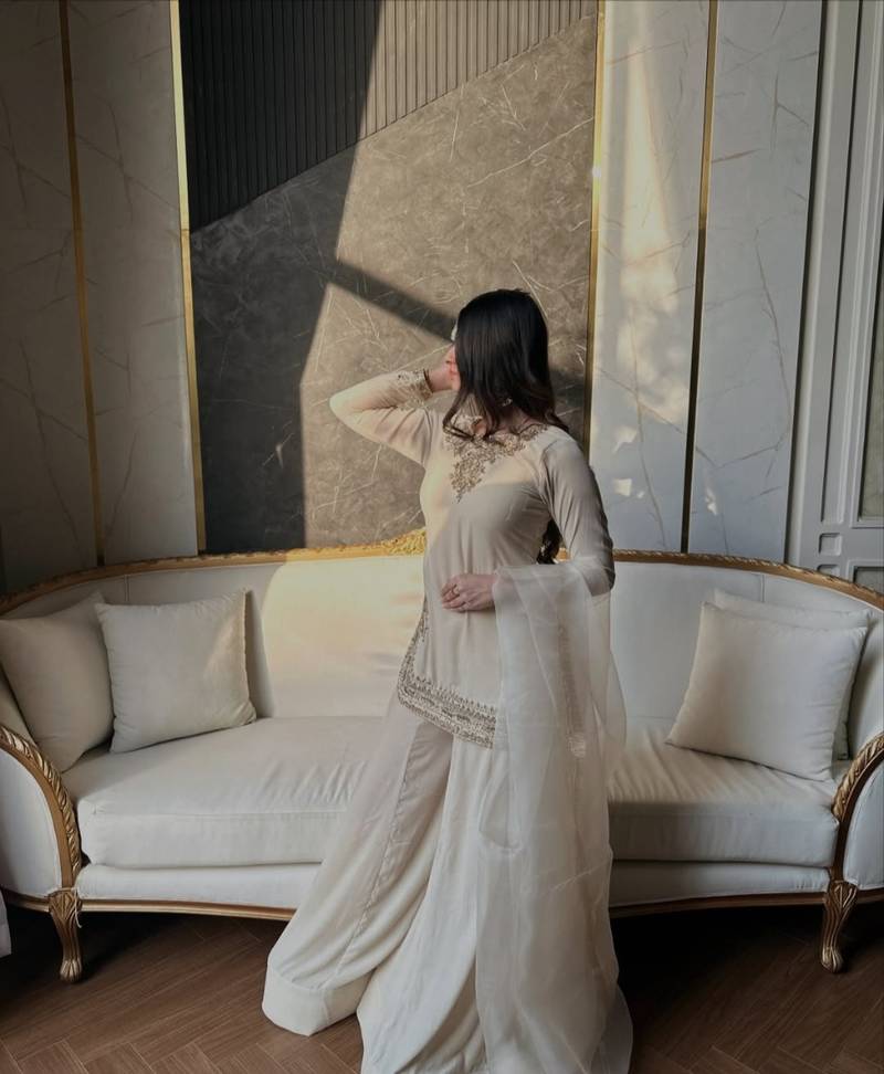 Off-white embroidery satin fully stitched sarara plazo suit set