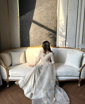 Off-white embroidery satin fully stitched sarara plazo suit set 3
