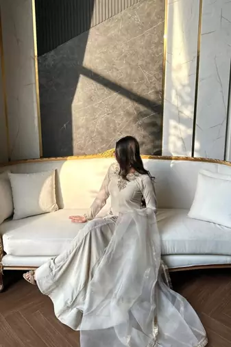 Off-white embroidery satin fully stitched sarara plazo suit set