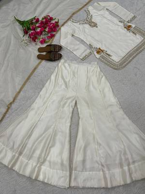 Off-white embroidery satin fully stitched sarara plazo suit set 4