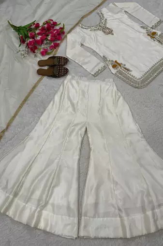 Off-white embroidery satin fully stitched sarara plazo suit set