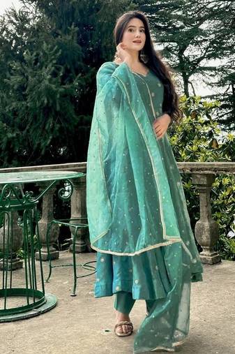 Sea green embroidery simmar silk fully stitched anarkali suit set