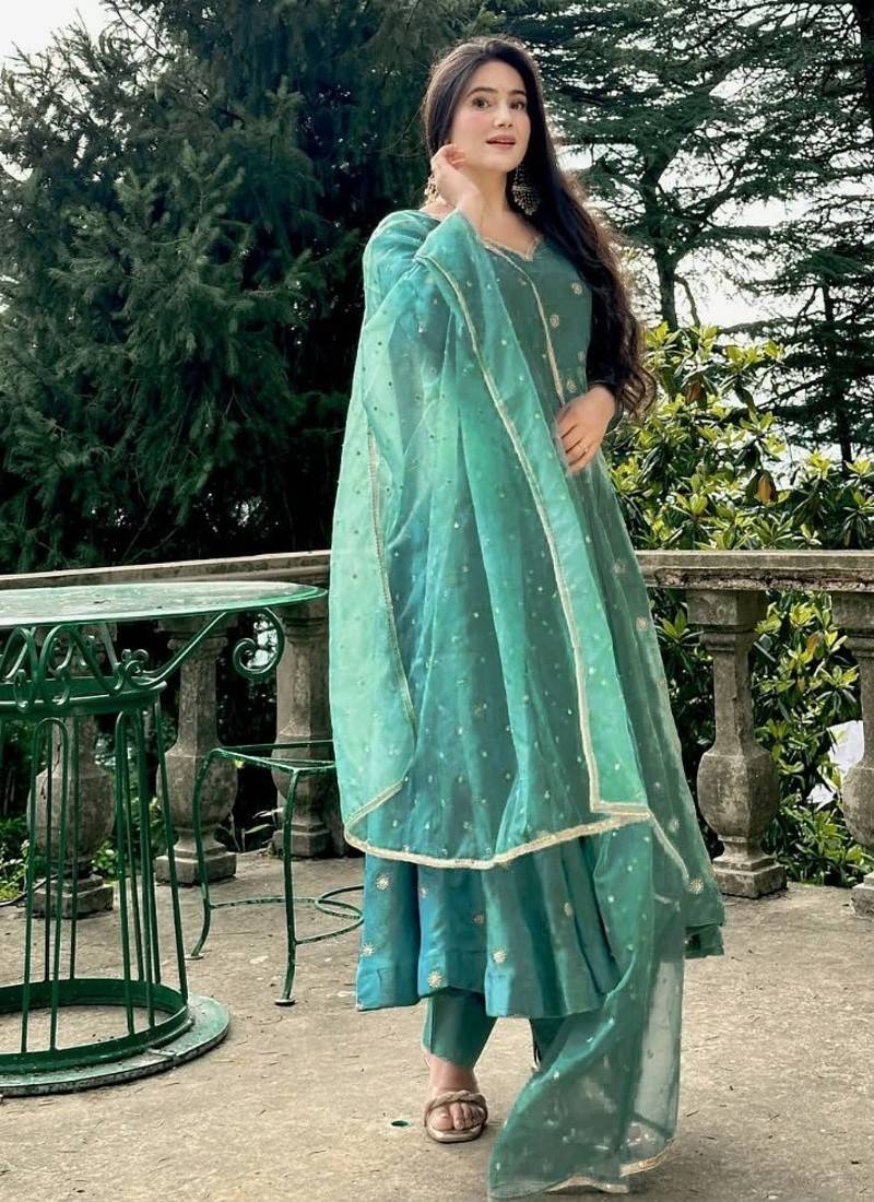Sea green embroidery simmar silk fully stitched anarkali suit set