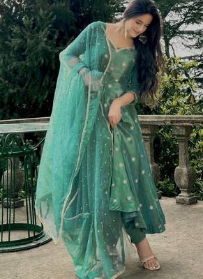 Sea green embroidery simmar silk blend fully stitched anarkali suit set 2
