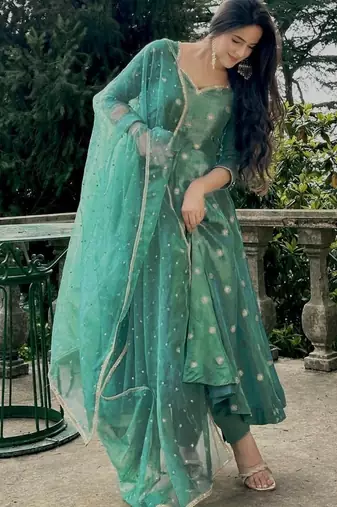 Sea green embroidery simmar silk fully stitched anarkali suit set