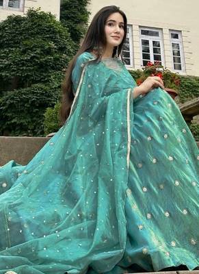 Sea green embroidery simmar silk blend fully stitched anarkali suit set 3