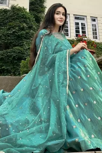 Sea green embroidery simmar silk fully stitched anarkali suit set