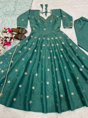 Sea green embroidery simmar silk blend fully stitched anarkali suit set 4