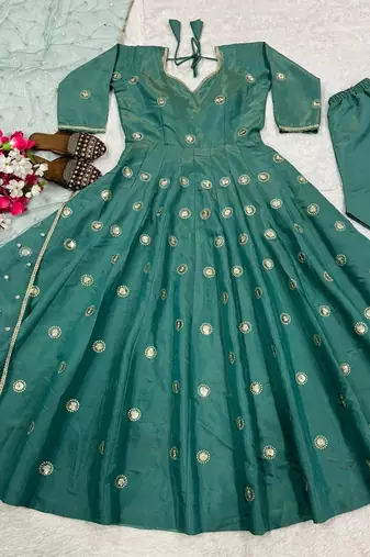 Sea green embroidery simmar silk fully stitched anarkali suit set